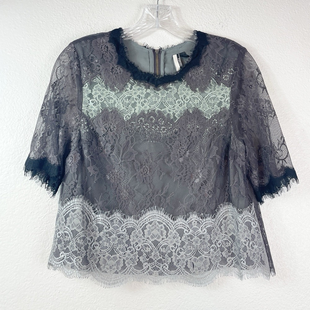 Topshop Lace Blouse Womens 6 Gray‎ Sheer Eyelash Trim Whimsigoth Romantic Top